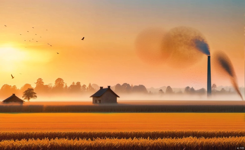  In the early morning, in the autumn field, golden rice stalks sway gently. A small house in the distance emits smoke from its chimney. Birds fly across the sky, adding charm to the scene. The colors are enchanting, and the lighting is soft, creating an epic cinematic effect. It is a masterpiece with the best visual quality.