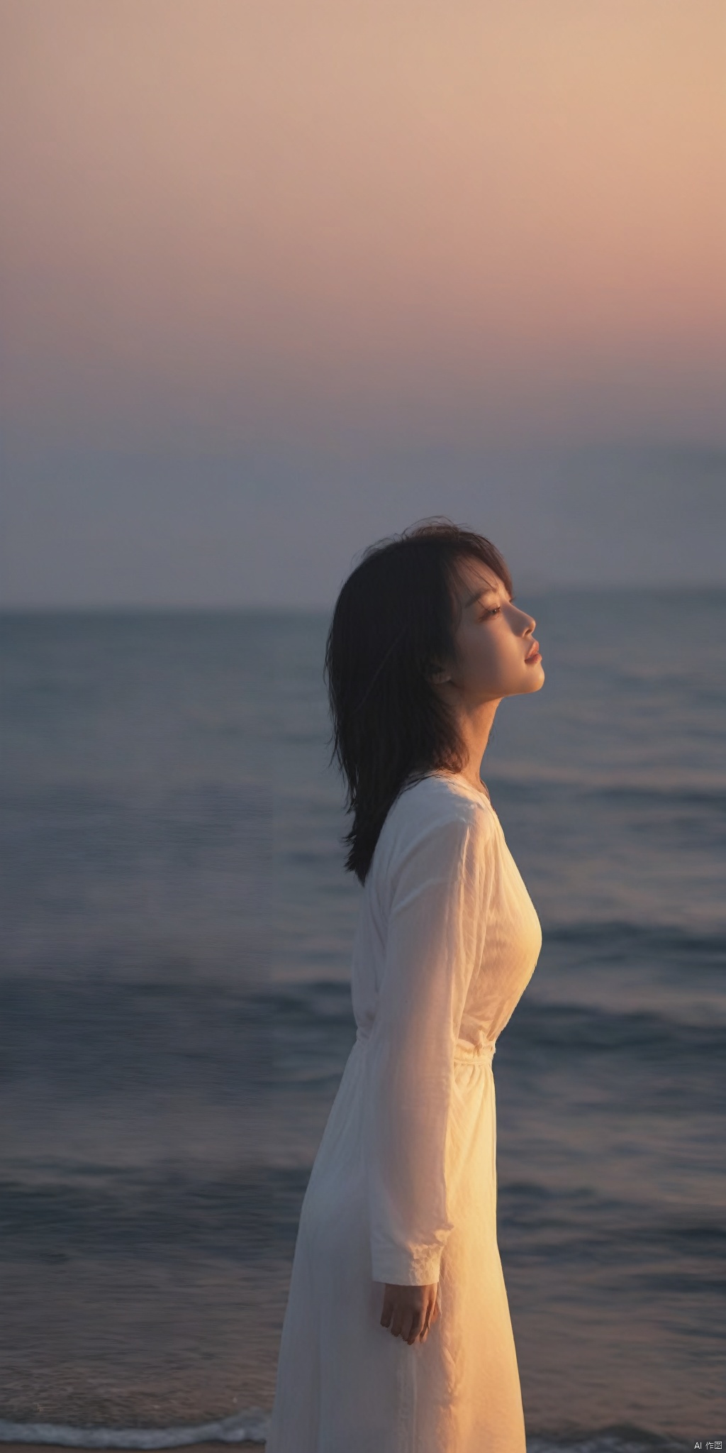  A sexy girl stands by the seaside, (((no clothes))),bathed in the lingering glow of the setting sun on her smooth back. She turns sideways, facing the camera with a full figure, a smiling face, and short hair，best quality,depth of field, cinematic composition, best lighting,light master,RAW photo, dslr, film grain, Fujifilm XT3, night shot, light master,