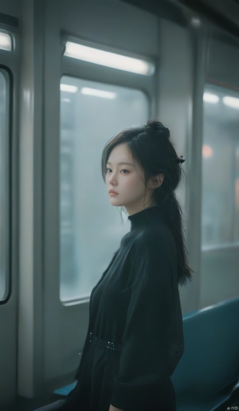  chinese girl,photograph,hyperrealism,cinematic color grading,cyberpunk,1girl,woman,beautiful,brightly lit interior,in a Romantic Goth train station, film