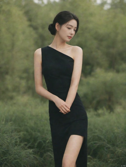  (((full body))), Realistic, masterpiece, highest quality, high resolution, extreme details, 1 girl, solo, bun, (nude:1.6), delicate eyes, beautiful face, shallow smile, (nude:1.6), light gauze, snow-white skin, delicate skin texture, silver bracelet, pantyhose, high heels, elegant standing, outdoor, blue sky, white clouds, flowers, flowers, grass, movie light, light, light tracking, (Nikon AF-S 105mm f / 1.4E ED), MAJICMIX STYLE, , Anne Hathaway