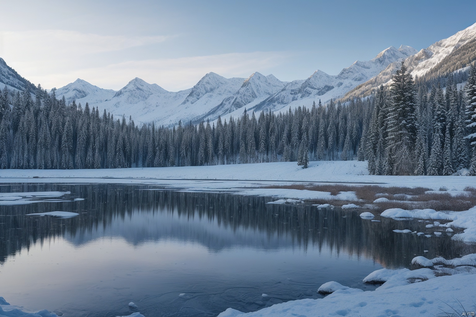 Snowy mountains with golden summits, bathed in warm light, overlooking an expansive blue lake reflecting the majesty of the snow-covered peaks.
