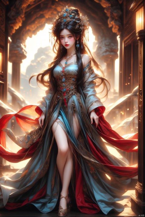  European woman, long hair, realistic, masterpiece, high detailed skin, looking at viewer, outdoor view, solo, full body shot, hanfu, Crystal Earring, Crystal Necklace, 1girl,moyou，sexy