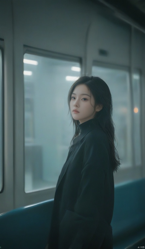  chinese girl,photograph,hyperrealism,cinematic color grading,cyberpunk,1girl,woman,beautiful,brightly lit interior,in a Romantic Goth train station, film