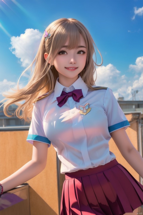 airborne,floating,midair,
floating hair,floating,flying,(dark_clouds:1.1),cumulonimbus capillatus,
Sun rays,Sunbeams,
dramatic angle,
perfect face,perfect body,solo focus,
(high gloss skin:1.2),
misaka_mikoto,(tokiwadai_school_uniform:1.2),
oppai_loli,
facing viewer,v-shaped eyebrows,(naughty smile:1.2),
hair,eyes,star_in_eye,(butterfly_ornament:1.1),
Arched Brows,large_breasts,rounded breasts,
narrow waist,long legs,slim legs,full-face blush,
[Royal yellow|Pale silver|Ash Blonde|Light Red|Amaranth deep purple|Blue-gray|beige|Baby blue|Electric purple|French mauve|French mauve|Charm pink|Royal purple],
(pink,Alloy orange,Red-orange,Golden yellow,Aqua,Baby blue,Steel Teal, Middle red purple:0.8),
bridal gauntlets,bridal legwear,
(speed_lines:1),Standard Model of Particle Physics,
((masterpiece)),(((best quality))),((ultra-detailed)),((illustration)),