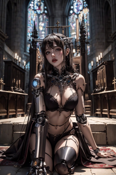  long hair, bangs,1girl, solo, (science fiction:1) BREAK (1girl:1.2),(cyborg priestess:1.2),(mechanical limbs:1.2),(human sacrifice:1.5),(altar:1.2) BREAK (gothic church:1.2) BREAK (4k:1.2),(extreme resolution:1.2),(highly intricate:1.2),(studio quality:1.2),(extremely detailed:1.2),(beautiful and aesthetic:1.4), (\shuang hua\)