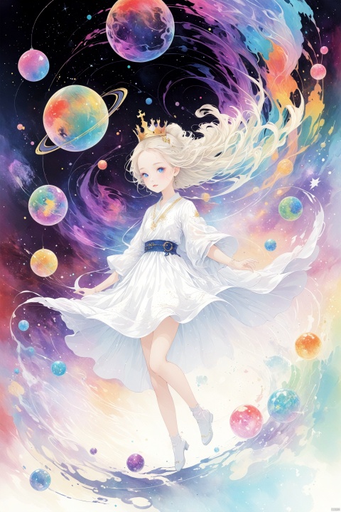  line art,line style,as style,best quality,masterpiece,
The image depicts a girl with a crown on her head, flying through a colorful and abstract universe. She is surrounded by swirling patterns that resemble galaxies and planets, and there are small bubbles and spheres floating around her. digital art, illustration, girl, crown, flying, universe, galaxy, planet, bubble, sphere, ananmo, gufengsw001