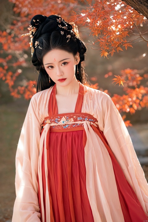  tangred,1girl,solo,looking at viewer,black hair,hair ornament,long sleeves,dress,brown eyes,jewelry,earrings,outdoors,wide sleeves,blurry,head tilt,facial mark,chinese clothes,red dress,forehead mark,realistic,branch,red lips,hanfu,