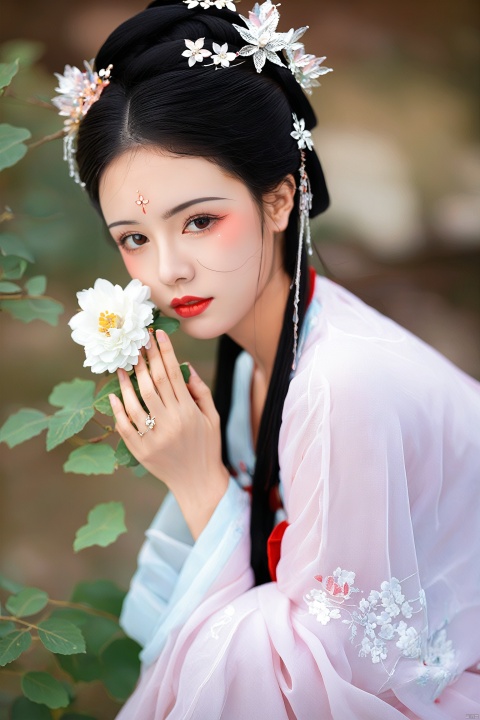  1girl,solo,looking at viewer,black hair,hair ornament, long sleeves,brown eyes,jewelry,closed mouth,upper body,flower,earrings,hair flower,blurry,black eyes, lips,makeup,depth of field,facial mark,chinese clothes, ring,own hands together,white flower,lipstick, forehead mark,realistic,branch,red lips,updo,hanfu,