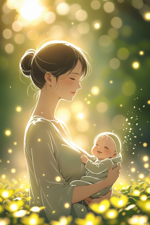  A mother holding a baby, warm and beautiful, with a fan background, simple strokes of petals fluttering, close-up
