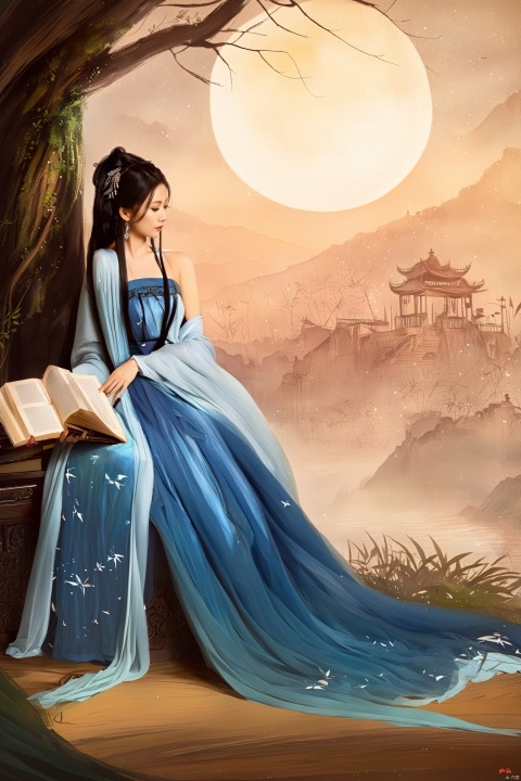  The fox spirit reclines on a couch by the window, her wet hair cascading down like a dark waterfall, catching the moonlight that streams in. She holds a Bamboo Book, its pages whispering ancient secrets as she reads. Clad in a blue off-shoulder long dress, the fabric slips off her arms, revealing her fox ears and a soft brush of her tail. The unintentional sensuality of her posture, combined with the allure of her gaze, is captivating. The room is drenched in the soft, silver glow of the moon, casting a tranquil and ethereal light that enhances the blue of her dress and the wetness of her hair, creating a scene that's both serene and seductive. The shadows play across her relaxed form, adding a touch of mystery to her natural charm.chinese ink painting, baixl-shuimo,paint splatter,ink wash painting,