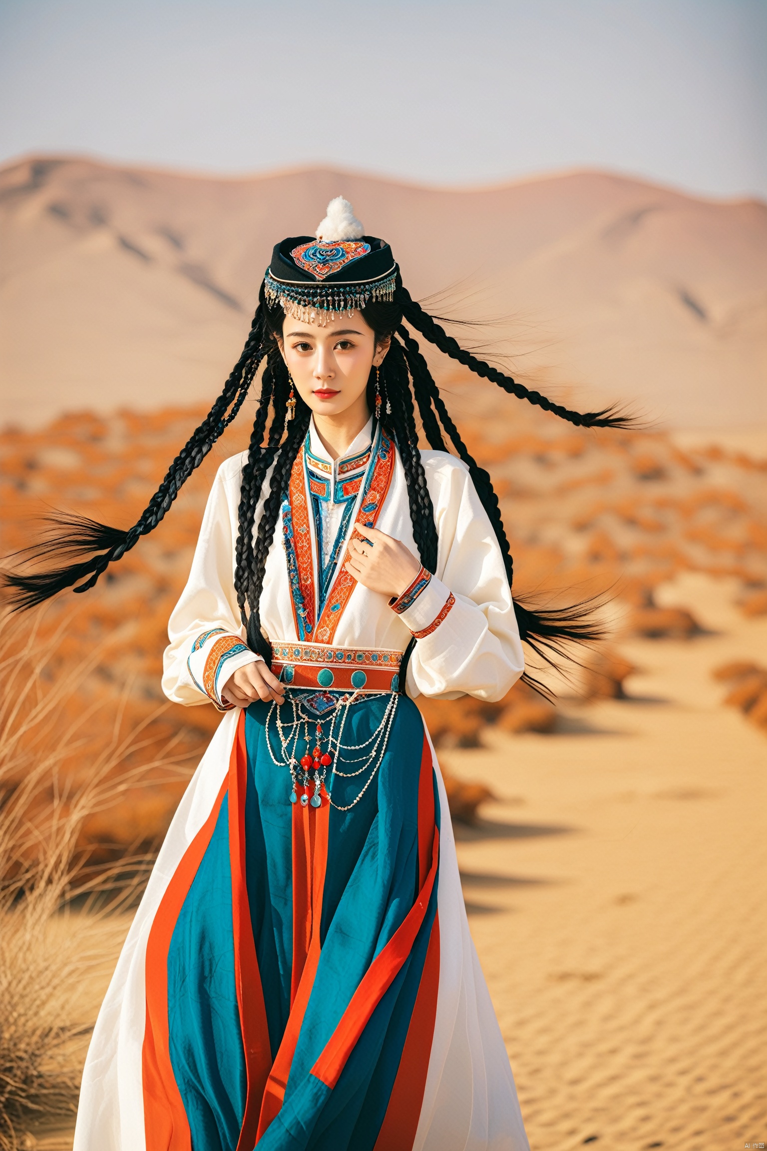 mgz,1girl
solo
long hair
black hair
long sleeves
hat
jewelry
braid
earrings
outdoors
sky
day
twin braids
desert
korean clothes
traditional clothes
hanbok
