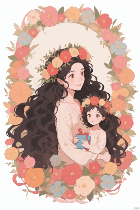  A mother and daughter wearing flower crowns,holding gifts in their hands,with flowers growing on the hair of long black curly hair,in the style of a simple flat illustration,warm colors,white background,surrounded by gift boxes and ribbons,with a minimalist composition. The whole body is centered,
