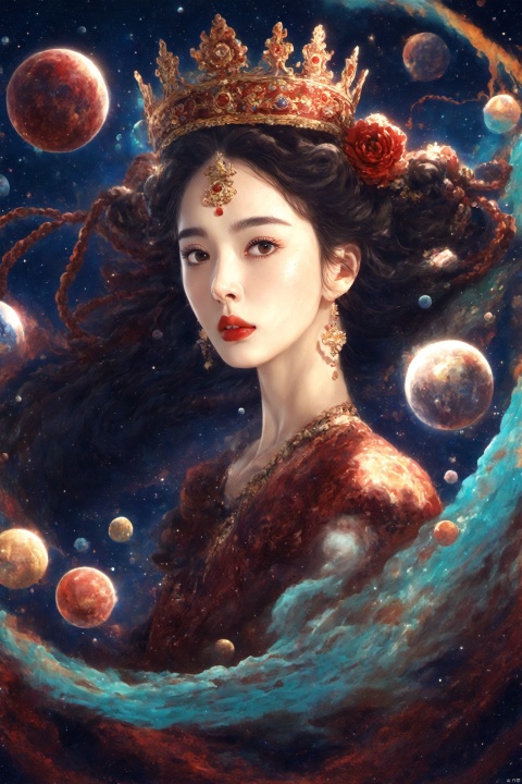  line art,line style,as style,best quality,masterpiece,
The image depicts a girl with a crown on her head,solo,long hair,looking at viewer,black hair,hair,ornament,long sleeves,dress,brown eyes,jewelry, braid,flower,earrings,parted lips,twin braids,makeup,red dress, looking up,red flower,veil,red lips,multiple braids, flying through a colorful and abstract universe. She is surrounded by swirling patterns that resemble galaxies and planets, and there are small bubbles and spheres floating around her. digital art, illustration, girl, crown, flying, universe, galaxy, planet, bubble, sphere, wwez, Arien view