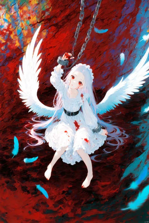  (masterpiece),(best quality),illustration,ultra detailed,hdr,Depth of field,(colorful),loli,1girl,solo,wings,blood,long hair,sitting,chain,red eyes,blood on hands,feathered wings,barefoot,blood on face,blood from eyes,dress,long sleeves,cuffs,feathers,frills,looking at viewer,very long hair,white wings,bandages,shackles,bangs, wwez