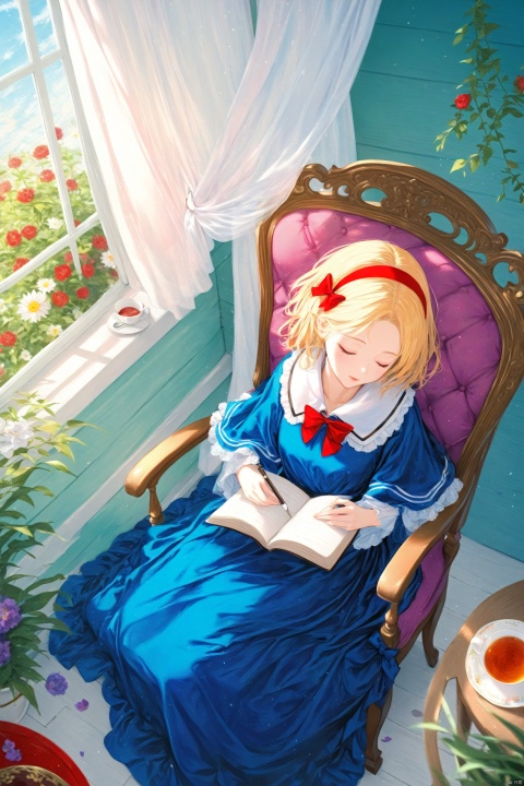  masterpiece,best quality,illustration,ultra detailed,hdr,Depth of field,(colorful),Artist rokusai,shanghai doll,alice margatroid,cup,hairband,closed eyes,bow,window,blonde hair,book,capelet,hair bow,flower,red bow,sleeping,short hair,curtains,plant,dress,long hair,1girl,blue dress,teacup,red hairband,chair,open book,paper,holding,
, wwez