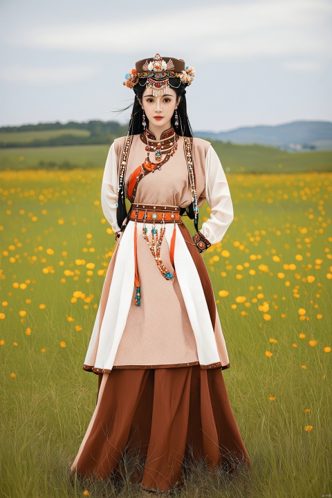 mgz,1girl,solo,long hair,black hair,long sleeves,
hat,brown eyes,jewelry,standing,full body,
flower,earrings,boots,outdoors,sky,day,cloud,
brown footwear,chinese clothes,grass,
field,traditional clothes,
