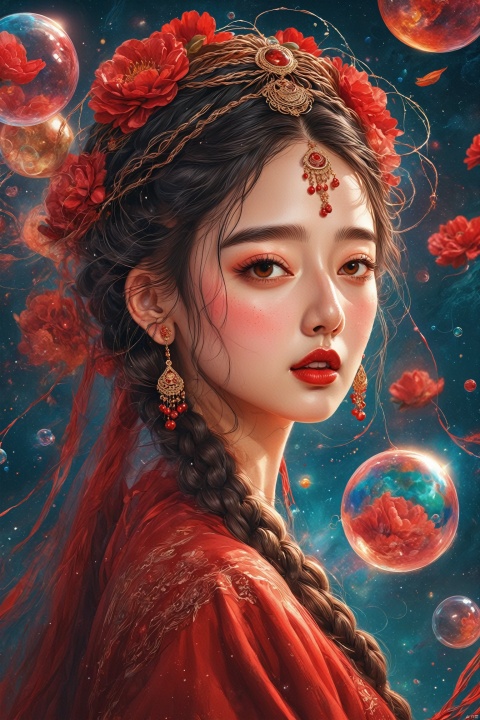  line art,line style,as style,best quality,masterpiece,
The image depicts a girl with a crown on her head,solo,long hair,looking at viewer,black hair,hair,ornament,long sleeves,dress,brown eyes,jewelry, braid,flower,earrings,parted lips,twin braids,makeup,red dress, looking up,red flower,veil,red lips,multiple braids, flying through a colorful and abstract universe. She is surrounded by swirling patterns that resemble galaxies and planets, and there are small bubbles and spheres floating around her. digital art, illustration, girl, crown, flying, universe, galaxy, planet, bubble, sphere, wwez