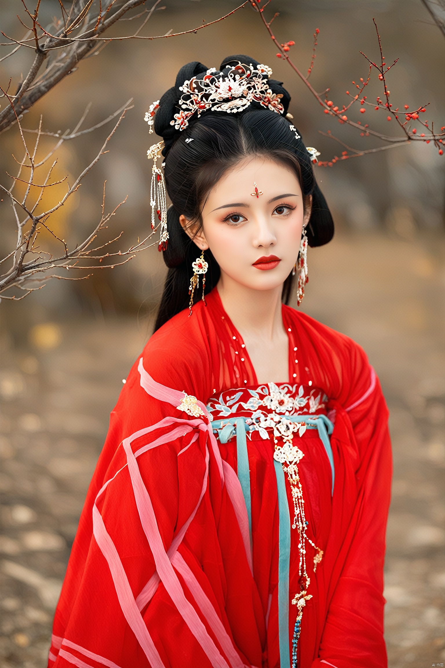  tangred,1girl,solo,looking at viewer,black hair,hair ornament,long sleeves,dress,brown eyes,jewelry,earrings,outdoors,wide sleeves,blurry,head tilt,facial mark,chinese clothes,red dress,forehead mark,realistic,branch,red lips,hanfu,