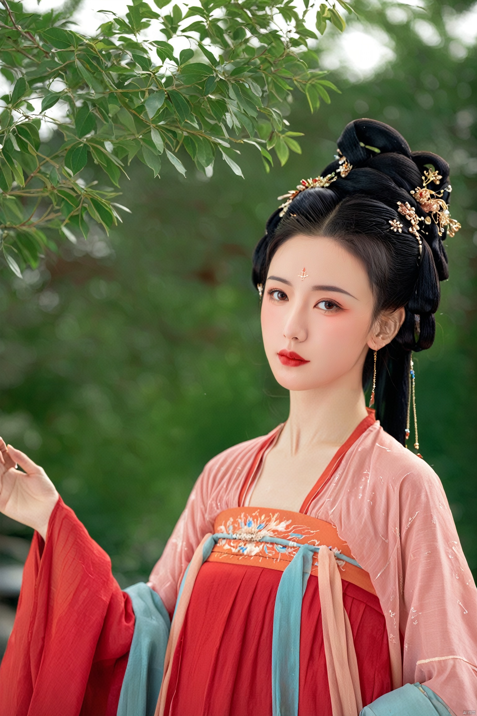  tangred,1girl,solo,looking at viewer,black hair,hair ornament,long sleeves,dress,brown eyes,jewelry,earrings,outdoors,wide sleeves,blurry,head tilt,facial mark,chinese clothes,red dress,forehead mark,realistic,branch,red lips,hanfu,