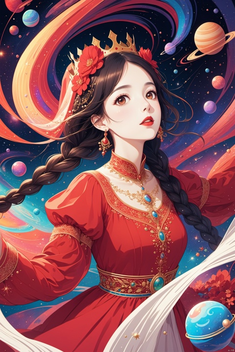 line art,line style,as style,best quality,masterpiece,
The image depicts a girl with a crown on her head,solo,long hair,looking at viewer,black hair,hair,ornament,long sleeves,dress,brown eyes,jewelry, braid,flower,earrings,parted lips,twin braids,makeup,red dress, looking up,red flower,veil,red lips,multiple braids, flying through a colorful and abstract universe. She is surrounded by swirling patterns that resemble galaxies and planets, and there are small bubbles and spheres floating around her. digital art, illustration, girl, crown, flying, universe, galaxy, planet, bubble, sphere, wwez