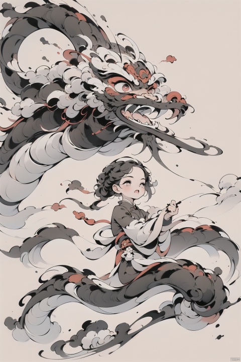 1girl,solo,dragon,中国风,ink wash painting,Ink scattering_Chinese style,\shi shi ru yi\,英姿飒爽,竹萧