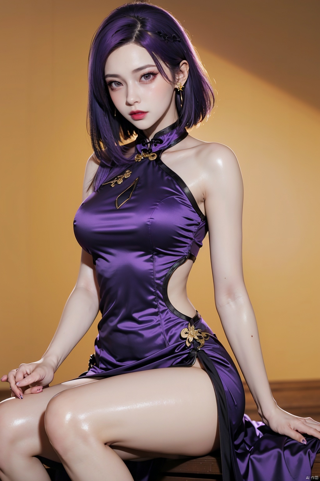 Masterpiece, Ultra HD, Best, (Wallpaper: 1.1), 8K, High Detail Skin, Super Detail, High Resolution, Perfect Detail Face, Shining Skin, 1Girl, Solo, (Perfect Anatomy: 1.3), (Perfect Ratio: 1.3) Perfect Body, Full Hair, Perfect Nails, Perfect Legs, Mid Breast Crevice, Purple Cheongsam/Golden Pattern,Gold earrings, long hair/black,Sitting/live streaming in front of the camera,purple hair/Short hair