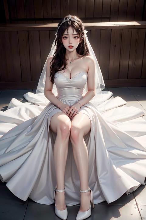  (Representative work: 1.3), highest quality, illustrations, sunshine, (Beauty of details: 1.3) Looking at the audience, big chest, ribbons, 8K quality, realistic visual effects, volume lighting, movie image quality, ultimate details, complex and exquisite details,full-size photograph,Full body,White wedding dress, princess crown, white stockings, high heels