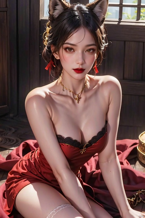  (Representative work:1.3), highest quality, illustrations, sunshine, (Beauty of details:1.3) Looking at the audience, big chest, ribbons, 8K quality, realistic visual effects, volume lighting, movie image quality, ultimate details, complex and exquisite details, black stockings, high heels, red clothes,Black fox ear