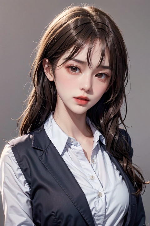Masterpiece,Ultra HD,Best,(Wallpaper),8K,High Detail Skin,Ultra Detail,High Resolution,Perfect Detail Face,Shining Skin,1Girl,Solo,(Perfect Anatomy),(Perfect Ratio/Perfect Body),Mid Chest,full_shot,,looking at viewer,brown hair,school uniform,jacket,shirt,bangs,white shirt,