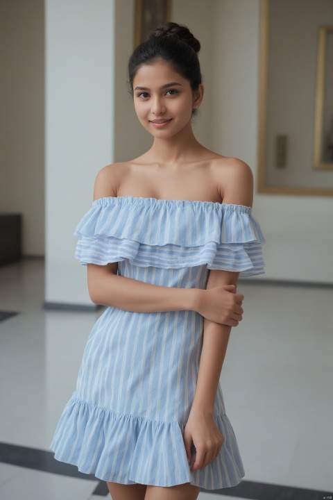  (masterpiece, best quality, hyper realistic, raw photo, ultra detailed, extremely detailed, intricately detailed), (photorealistic:1.4), (photography of South  Asia girl wearing a fashionable Striped off-the-shoulder ruffle hem dress, designed by Hubert de Givenchy, ), (smile), fairy, pure, innocent, beauty, (slender), super model, adr, Breakfast at Tiffany's,Sabrina,(glide_fashion),depthoffield,(fullshot),filmgrain,zeisslens,symmetrical,8kresolution,octanerender,extremelyhigh-resolutiondetails,finetexture,dynamicangle,fashion, fashion,,