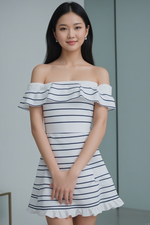  (masterpiece, best quality, hyper realistic, raw photo, ultra detailed, extremely detailed, intricately detailed), (photorealistic:1.4), (photography of Kathy Chau 周海媚 wearing a fashionable Striped off-the-shoulder ruffle hem dress, designed by Hubert de Givenchy, ), (smile), fairy, pure, innocent, beauty, (slender), super model, adr, Breakfast at Tiffany's,Sabrina,(glide_fashion),depthoffield,(fullshot),filmgrain,zeisslens,symmetrical,8kresolution,octanerender,extremelyhigh-resolutiondetails,finetexture,dynamicangle,fashion, fashion,,