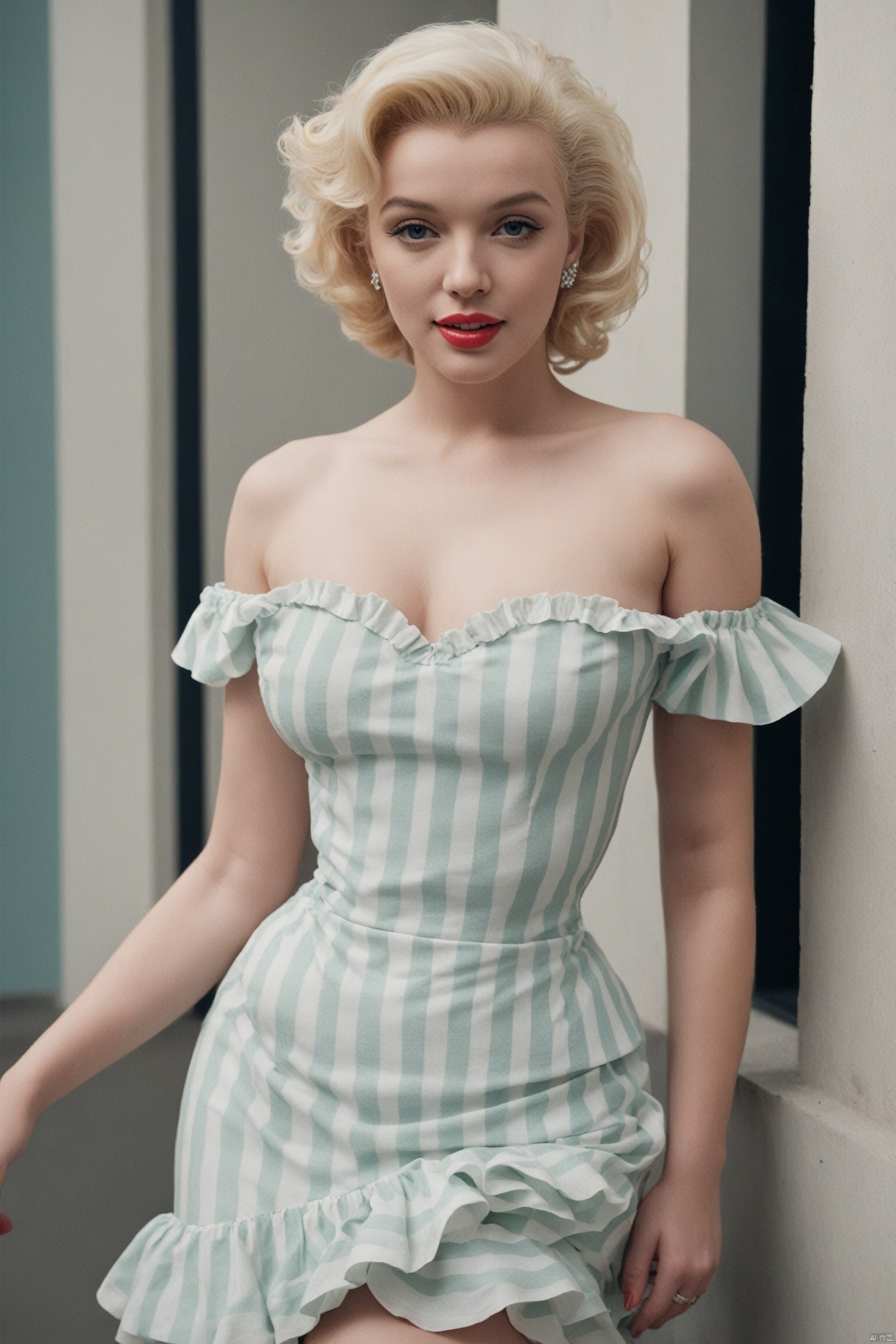  (masterpiece, best quality, hyper realistic, raw photo, ultra detailed, extremely detailed, intricately detailed), (photorealistic:1.4), (photography of Marilyn Monroe wearing a fashionable Striped off-the-shoulder ruffle hem dress, designed by Hubert de Givenchy, ), (smile), fairy, pure, innocent, beauty, (slender), super model, adr, Breakfast at Tiffany's,Sabrina,(glide_fashion),depthoffield,(fullshot),filmgrain,zeisslens,symmetrical,8kresolution,octanerender(OC渲染),extremelyhigh-resolutiondetails,finetexture,dynamicangle,fashion(时尚), fashion,,
