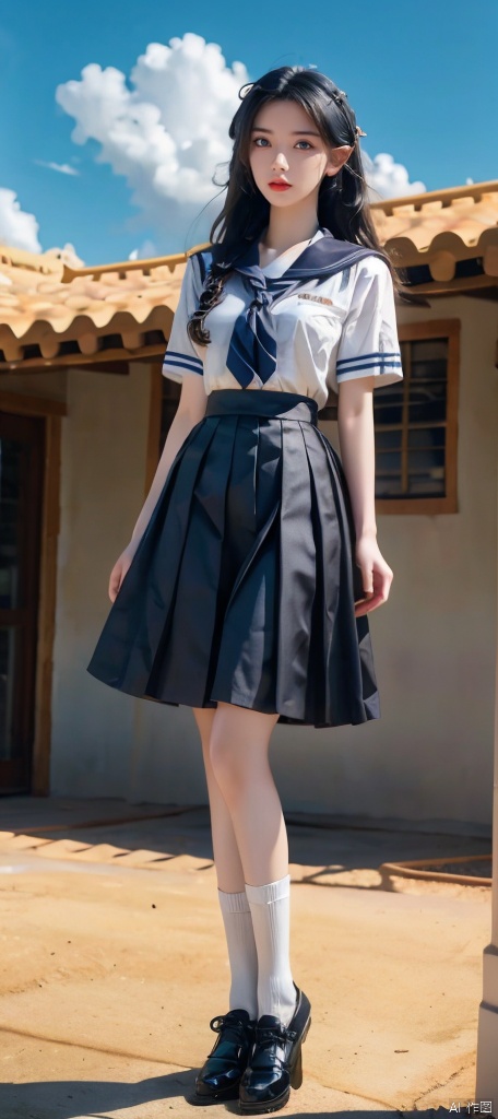  1girl, solo, long hair, looking at viewer, skirt, shirt, black hair, school uniform, standing, full body, white shirt, short sleeves, pleated skirt, outdoors, sky, shoes, serafuku, day, socks, cloud, black skirt, sailor collar, black footwear, blue sky, lips, neckerchief, white socks, building, red neckerchief, high-waist skirt