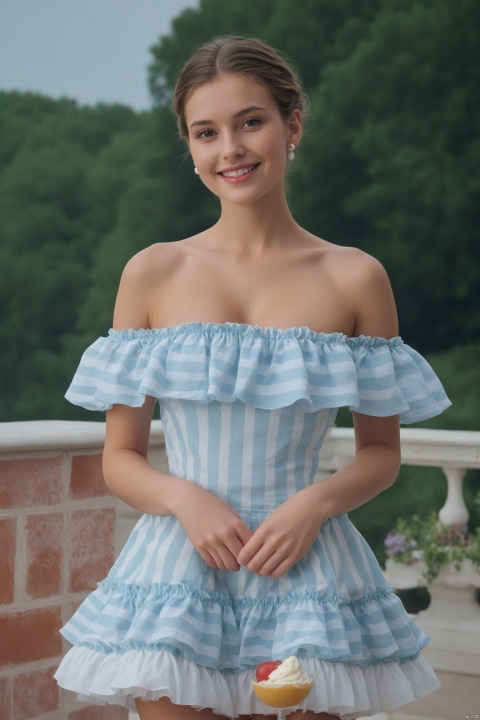  (masterpiece, best quality, hyper realistic, raw photo, ultra detailed, extremely detailed, intricately detailed), (photorealistic:1.4), (photography of German girl wearing a fashionable Striped off-the-shoulder ruffle hem dress, designed by Hubert de Givenchy, ),big breasts, (smile), fairy, pure, innocent, beauty, (slender), super model, adr, Breakfast at Tiffany's,Sabrina,(glide_fashion),depthoffield,(fullshot),filmgrain,zeisslens,symmetrical,8kresolution,octanerender,extremelyhigh-resolutiondetails,finetexture,dynamicangle,fashion, fashion,,