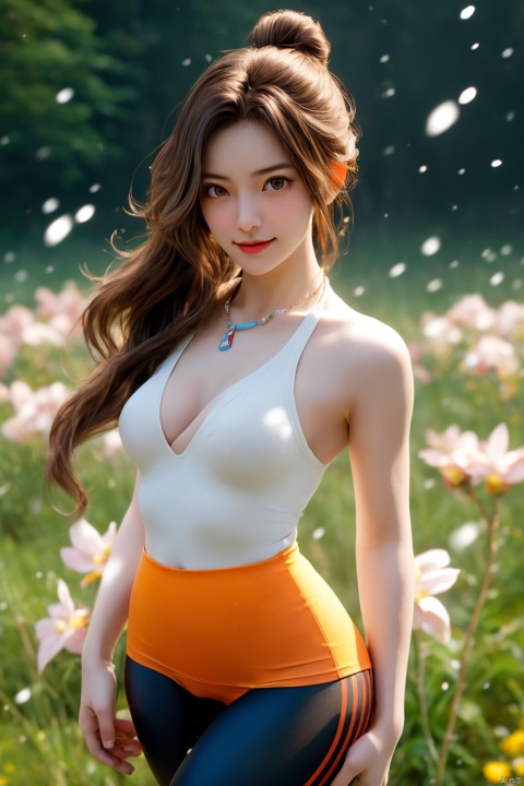  (((upper body))), Realistic, masterpiece, highest quality, high resolution, extreme details, 1 european girl, solo, ponytail, headdress, delicate eyes, beautiful face, ((shallow smile)), delicate necklace, 1girls, fair_skin, long hair, small breasts, naked, nude, red nipples, ((orange Yoga high waisted leggings)), Yoga pants, long legs ,looking_at_viewer,(standing),（smile), 1girl, hair bun, snow-white skin, delicate skin texture, silver bracelet, pantyhose, elegant standing, outdoor, blue sky, white clouds, flowers, flowers, grass, movie light, light, light tracking, (Nikon AF-S 105mm f / 1.4E ED), 1 girl, depth of field