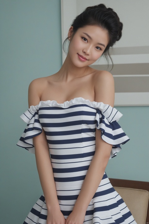  (masterpiece, best quality, hyper realistic, raw photo, ultra detailed, extremely detailed, intricately detailed), (photorealistic:1.4), (photography of Kathy Chau 周海媚 wearing a fashionable Striped off-the-shoulder ruffle hem dress, designed by Hubert de Givenchy, ), (smile), fairy, pure, innocent, beauty, (slender), super model, adr, Breakfast at Tiffany's,Sabrina,(glide_fashion),depthoffield,(fullshot),filmgrain,zeisslens,symmetrical,8kresolution,octanerender,extremelyhigh-resolutiondetails,finetexture,dynamicangle,fashion, fashion,,