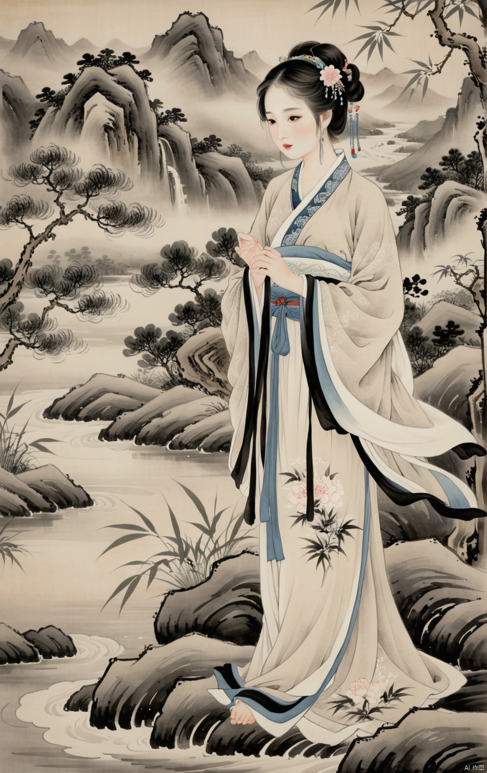  ((masterpiece)),((best quality)),8k,high detailed,ultra-detailed,
In the style of traditional Chinese ink wash painting,
A beautiful woman in ancient attire stands gracefully,
Surrounded by a breathtaking landscape of mountains and rivers,
Her delicate features highlighted by the subtle brush strokes,
Mountains looming tall in the background, shrouded in mist,
A tranquil river winding its way through the scene,
Trees and foliage rendered with elegant simplicity,
The beauty of nature and femininity harmoniously depicted,
A timeless representation of classical Chinese art,
Elegance and serenity captured in monochrome,