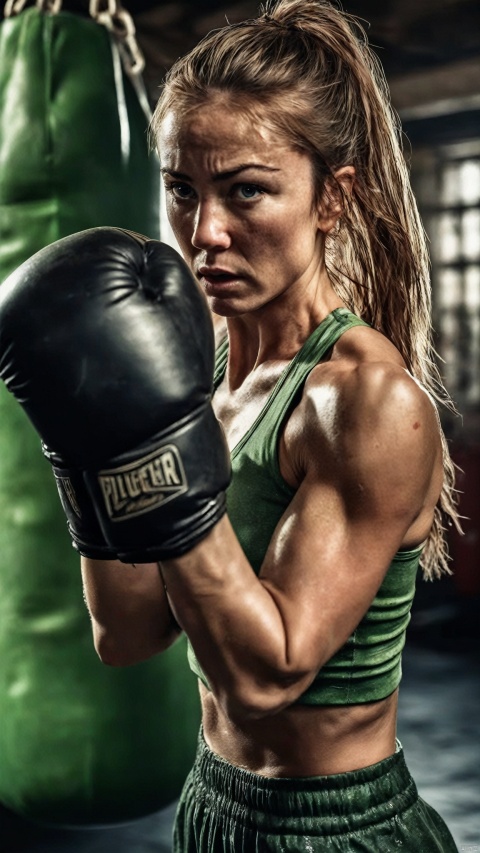  An athletic girl with a determined expression is training in a gritty, industrial-style boxing gym. She's wearing vibrant light green boxing gloves. Naked, nude, red nipples,Her hair is pulled back in a practical ponytail, highlighting her concentrated gaze and the light sheen of perspiration that suggests intense physical effort. She's captured throwing a powerful punch towards a heavy bag, which bears English characters, signifying perhaps a motivational phrase or the name of the gym. The lighting is dramatic, with stark contrasts that carve out her muscular definition and the textures of her surroundings. The environment is rich with detail, from the rough texture of the concrete pillars to the worn boxing ring ropes, all contributing to an atmosphere of toughness and resilience, best quality, ultra highres, original, extremely detailed, perfect lighting.