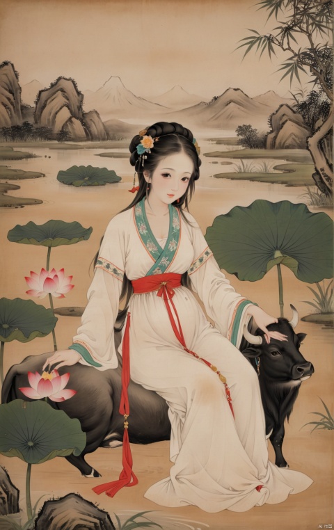  ((masterpiece)),((best quality)),8k,high detailed,ultra-detailed,
Presented in the style of Chinese ink painting, An ancient cowherd women, dressed in simple clothes, Walking by the lotus pond with a buffalo, The lotus leaves hang low, the breeze blows, the lotus flowers are dotted, The green mountains are vista, the clouds and mist are shrouded, quiet and peaceful, The buffalo leisurely gnaws on the blades of grass, The cowherd women's eyes are gentle, and it is one with nature, Everything in the picture seems to be frozen in the long river of time, conveying the yearning and good wishes for ancient rural life,1girl,big breasts, nude,red nipples, reality,polaroid,nipples,areola,highres,Cinematic Lighting,pussy,wallpaper,absurdres,incredibly absurdres,cameltoe,lens flare,Tyndall effect,moody lighting,available light,rim light,Volumetric Lighting,light leaks,midriff,flat chest,giggling,naked,pubic hair,masterpiece, traditional chinese ink painting