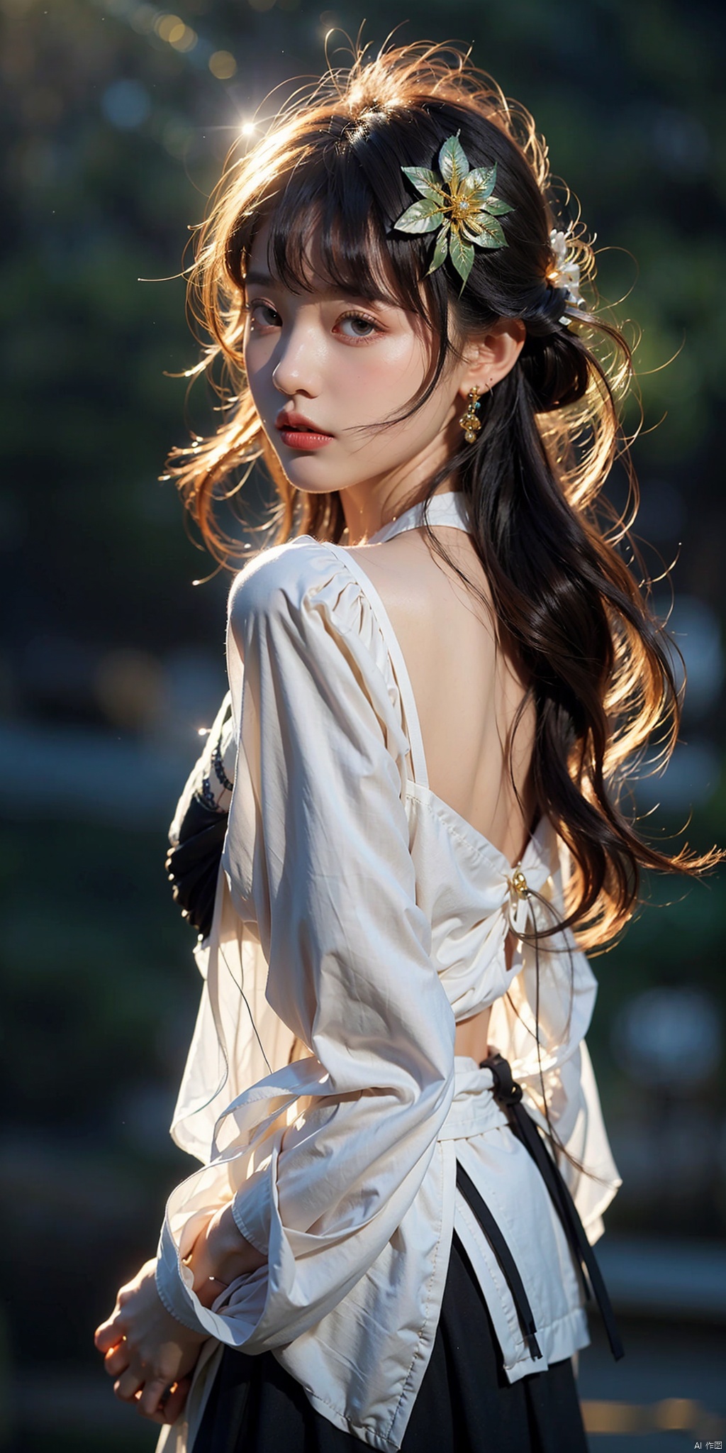  1 Girl, Solo, Short Hair, medium breasts, Looking at the Audience, Blush, Bangs, Skirt, Shirt, Hair Accessories, Long Sleeves, Hair Between Eyes, Bare Shoulders, Jewelry, Medium Breasts, Very Long Hair, Shut Up, Purple Eyes, White Shirt, Upper Body, black Hair, Earrings, Detached Sleeves, Looking Back, Wide Sleeves, Gradient, Gradient Background, Black Background, Ribbon Decoration, Non-Traditional Miko, Vision, 1 girl