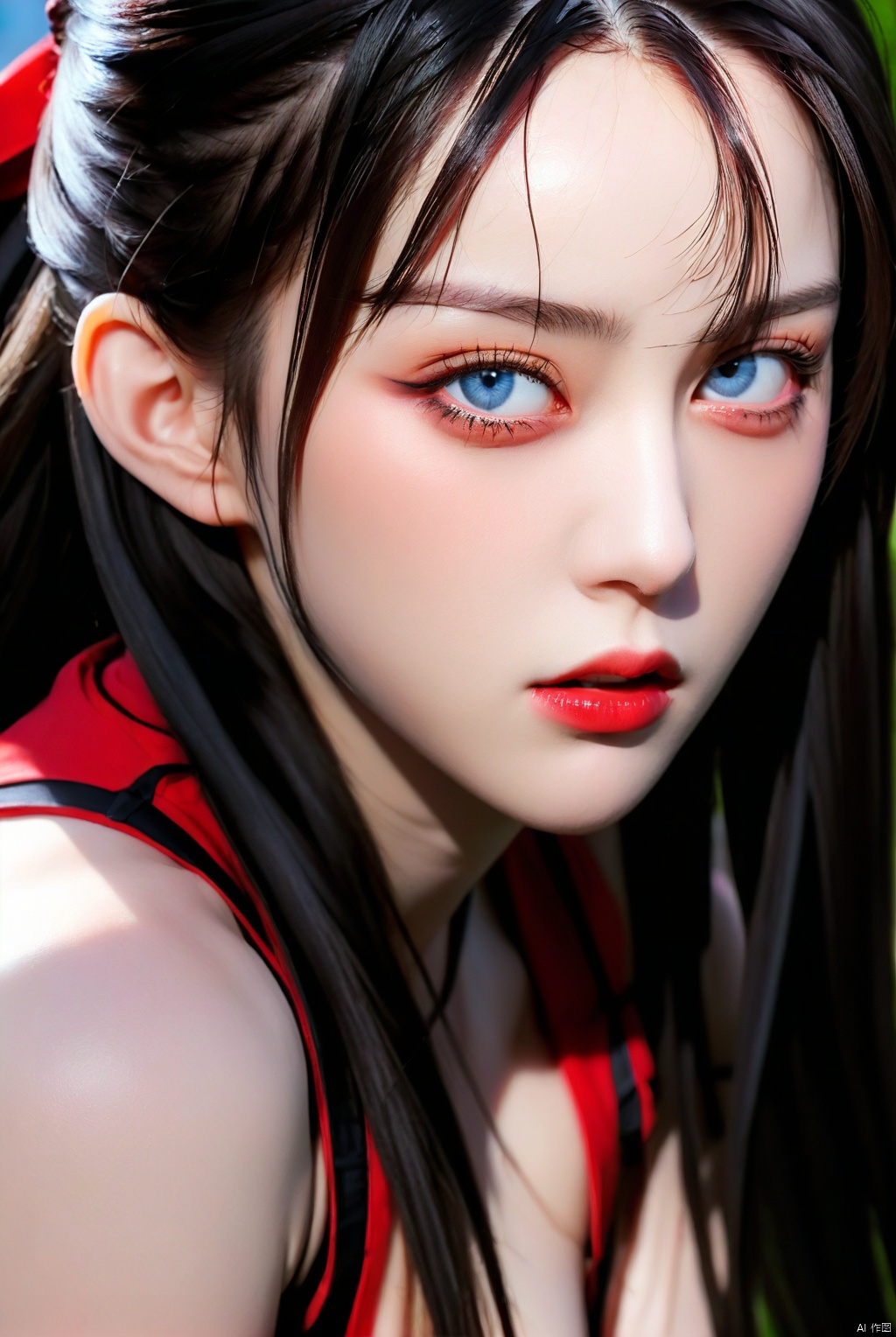 (best quality,masterpiece, HDR,UHD,8K,Vivid Colors, extreme detail description, Professional:1.1), (pale skin, perfect skin, red iris, thin lips, thin mouth, long hair: 1.1), 1girl, looking at viewer,  tifa, sit, upper body, (glaring,annoy,serious,kubrick stare:1.3),clenched teeth,
