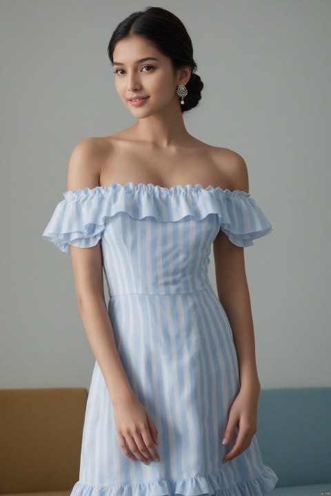  (masterpiece, best quality, hyper realistic, raw photo, ultra detailed, extremely detailed, intricately detailed), (photorealistic:1.4), (photography of South  Asia girl wearing a fashionable Striped off-the-shoulder ruffle hem dress, designed by Hubert de Givenchy, ), (smile), fairy, pure, innocent, beauty, (slender), super model, adr, Breakfast at Tiffany's,Sabrina,(glide_fashion),depthoffield,(fullshot),filmgrain,zeisslens,symmetrical,8kresolution,octanerender,extremelyhigh-resolutiondetails,finetexture,dynamicangle,fashion, fashion,,