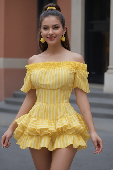  (masterpiece, best quality, hyper realistic, raw photo, ultra detailed, extremely detailed, intricately detailed), (photorealistic:1.4), (photography of Mexican girl wearing (yellow)a fashionable Striped off-the-shoulder ruffle hem dress, designed by Hubert de Givenchy, ),huge breasts, (smile), fairy, pure, innocent, beauty, (slender), super model, adr, Breakfast at Tiffany's,Sabrina,(glide_fashion),depthoffield,(fullshot),filmgrain,zeisslens,symmetrical,8kresolution,octanerender,extremelyhigh-resolutiondetails,finetexture,dynamicangle,fashion, fashion,,