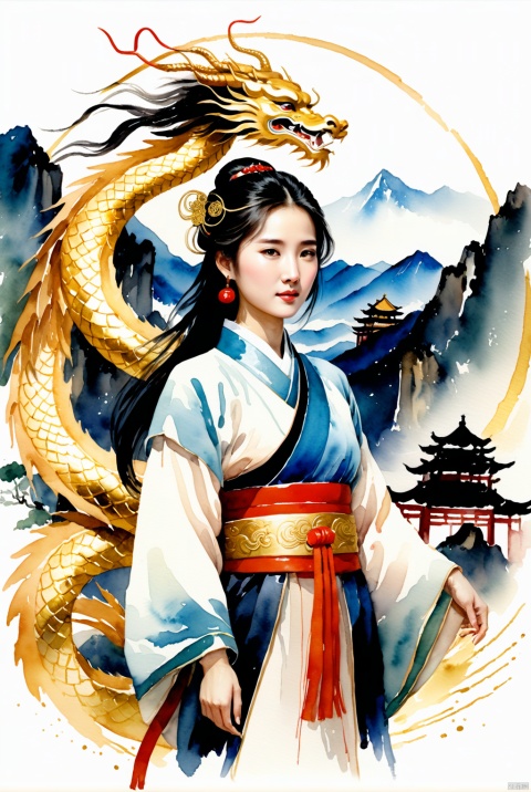  a watercolor painting in ancient Chinese style of a young Chinese woman in traditional clothing encircled by a golden dragon, ancient mountains in the distance painting
