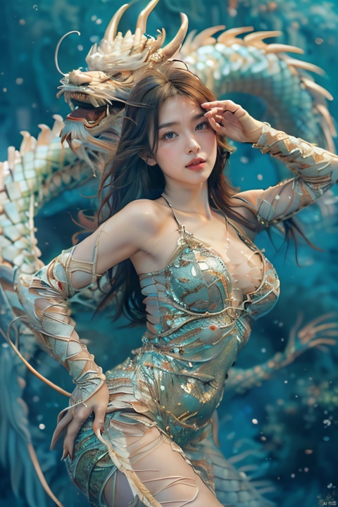  Best quality, 8K HD, best resolution,A cold, sexy girl with a white dragon hovering over her body