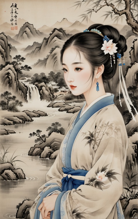  ((masterpiece)),((best quality)),8k,high detailed,ultra-detailed,
In the style of traditional Chinese ink wash painting,
A beautiful woman in ancient attire stands gracefully,
Surrounded by a breathtaking landscape of mountains and rivers,
Her delicate features highlighted by the subtle brush strokes,
Mountains looming tall in the background, shrouded in mist,
A tranquil river winding its way through the scene,
Trees and foliage rendered with elegant simplicity,
The beauty of nature and femininity harmoniously depicted,
A timeless representation of classical Chinese art,
Elegance and serenity captured in monochrome,
