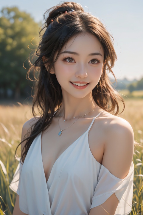  1girl, solo, blurry, blurry background, long hair, hair bun, parted lips, nude, naked, red nipples, small  breasts,black hair, upper body, bare shoulders, necklace, jewelry, brown eyes, lips, grass, blue sky, realistic, depth of field, teeth,smile, looking away