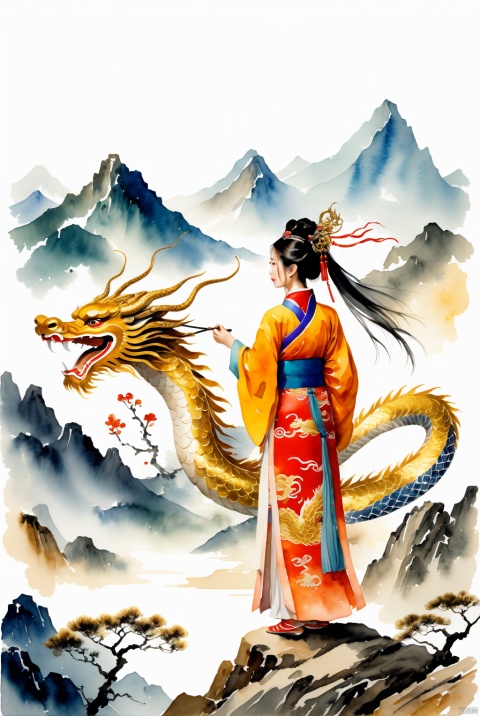  a watercolor painting in ancient Chinese style of a young Chinese woman in traditional clothing encircled by a golden dragon, ancient mountains in the distance painting