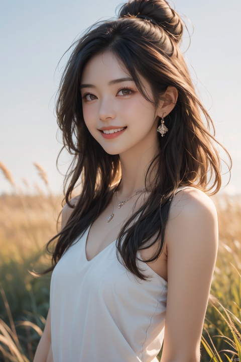  1girl, solo, blurry, blurry background, long hair, hair bun, parted lips, nude, naked, red nipples, small  breasts,black hair, upper body, bare shoulders, necklace, jewelry, brown eyes, lips, grass, blue sky, realistic, depth of field, teeth,smile, looking away