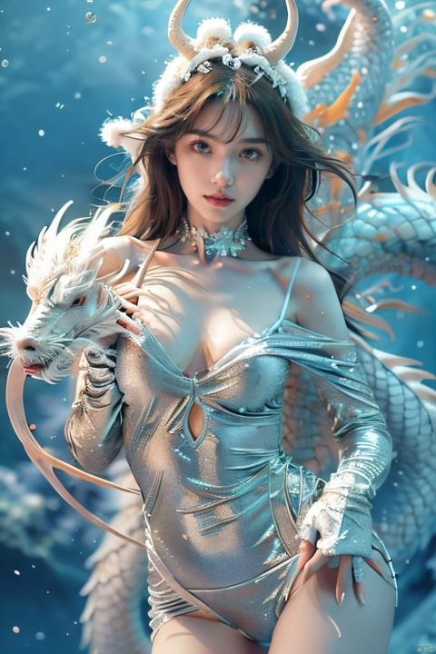  Best quality, 8K HD, best resolution,A cold, sexy girl with a white dragon hovering over her body